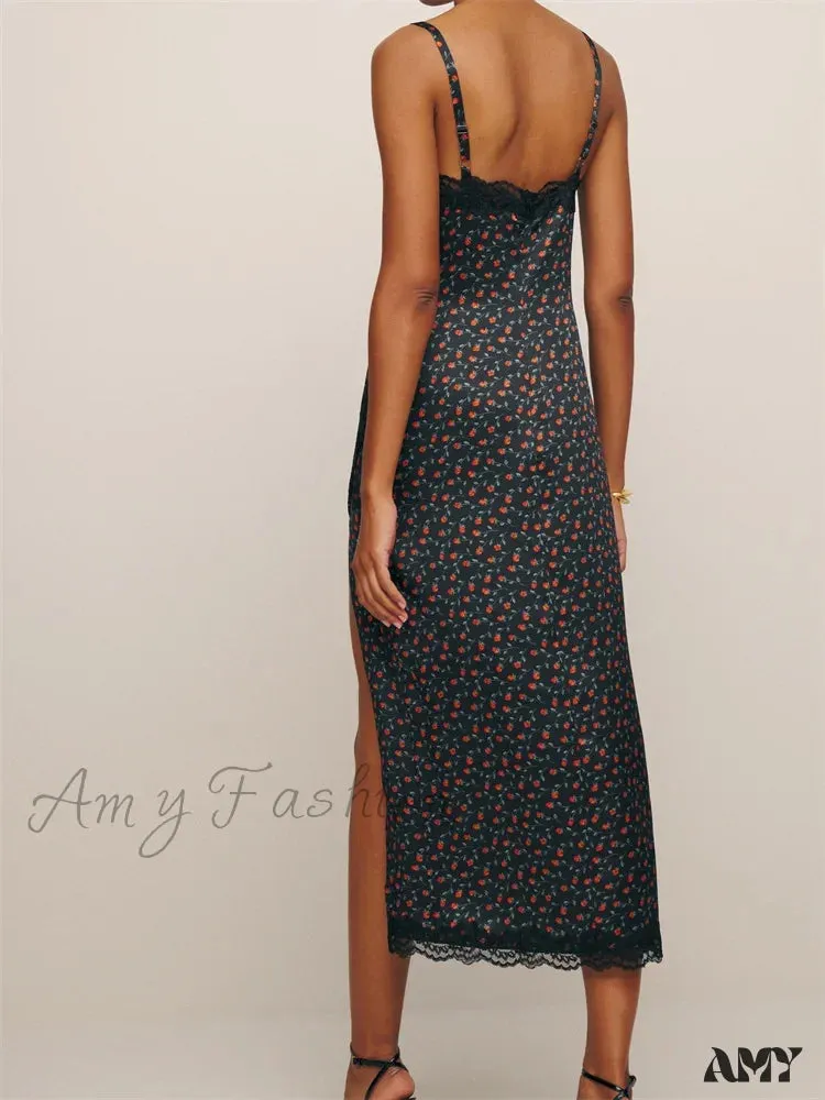 Amy Fashion - Women Sleeveless Strap  Summer Lace Patchwork V Neck Backless Split Party Cocktail Beach Streetwear