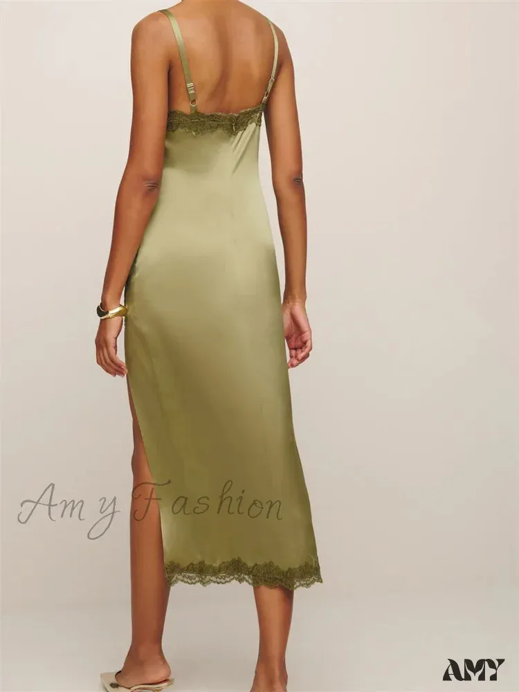 Amy Fashion - Women Sleeveless Strap  Summer Lace Patchwork V Neck Backless Split Party Cocktail Beach Streetwear