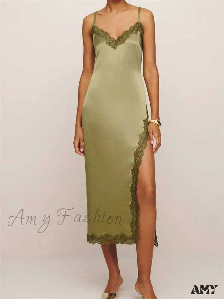 Amy Fashion - Women Sleeveless Strap  Summer Lace Patchwork V Neck Backless Split Party Cocktail Beach Streetwear