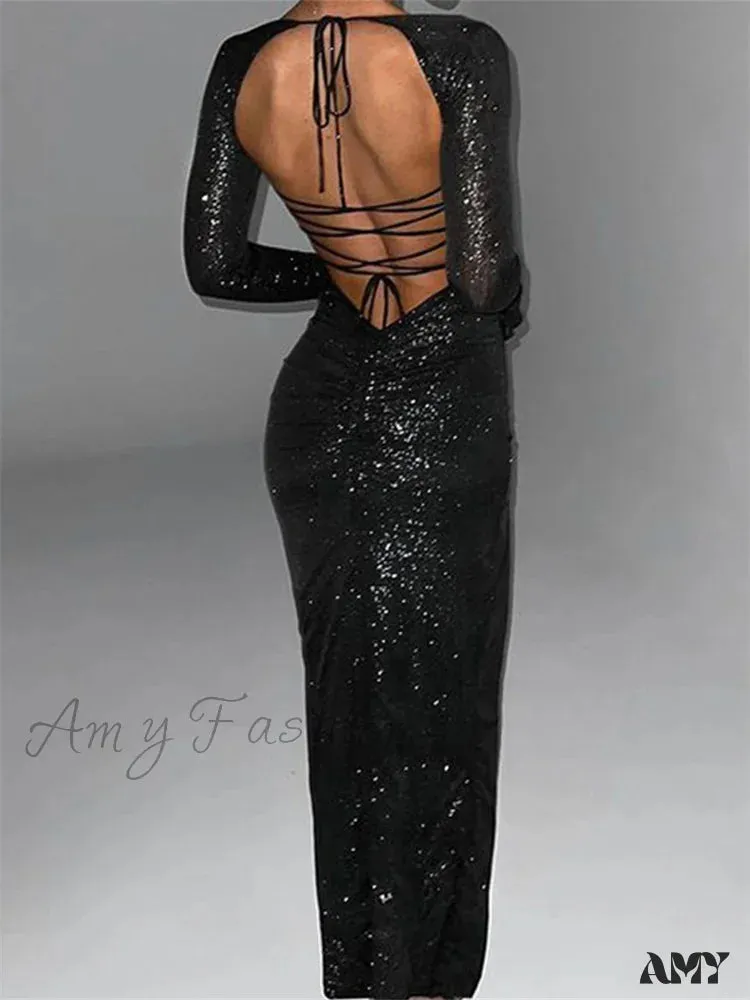 Amy Fashion - Women  Square Neck High Split  Sleeve Sparkly Backless Tie Up Cocktail Club Party Female Vestidos