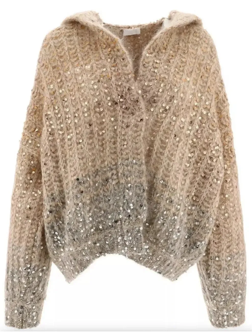 Beige Gradient Sequin-Embellished Knitted Hooded Cardigan