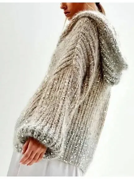 Beige Gradient Sequin-Embellished Knitted Hooded Cardigan