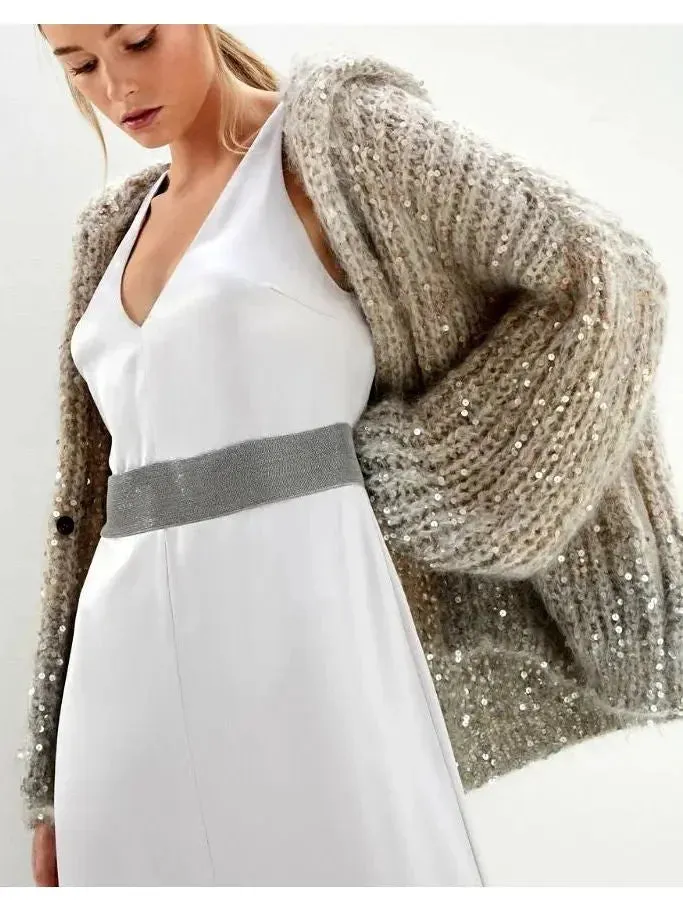 Beige Gradient Sequin-Embellished Knitted Hooded Cardigan