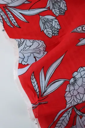Black & White Floral on Red Cotton Lawn