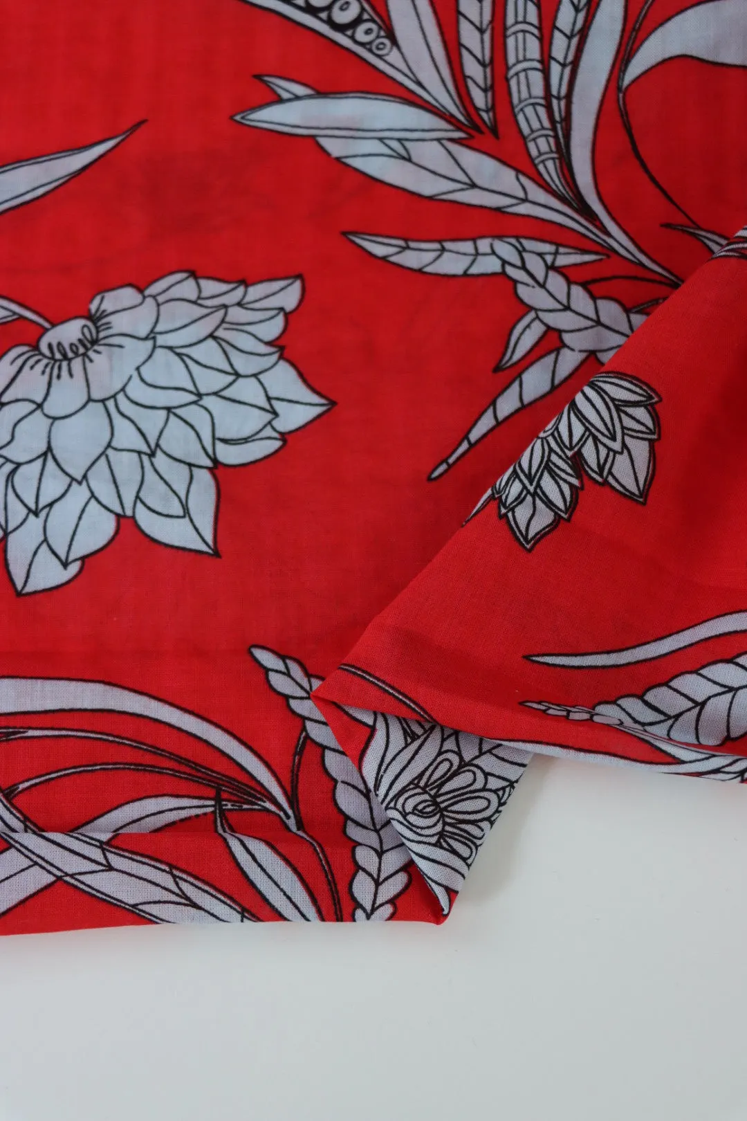 Black & White Floral on Red Cotton Lawn
