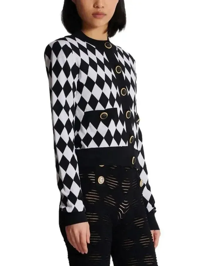 Black and White Diamond Knit Cardigan Sweater
