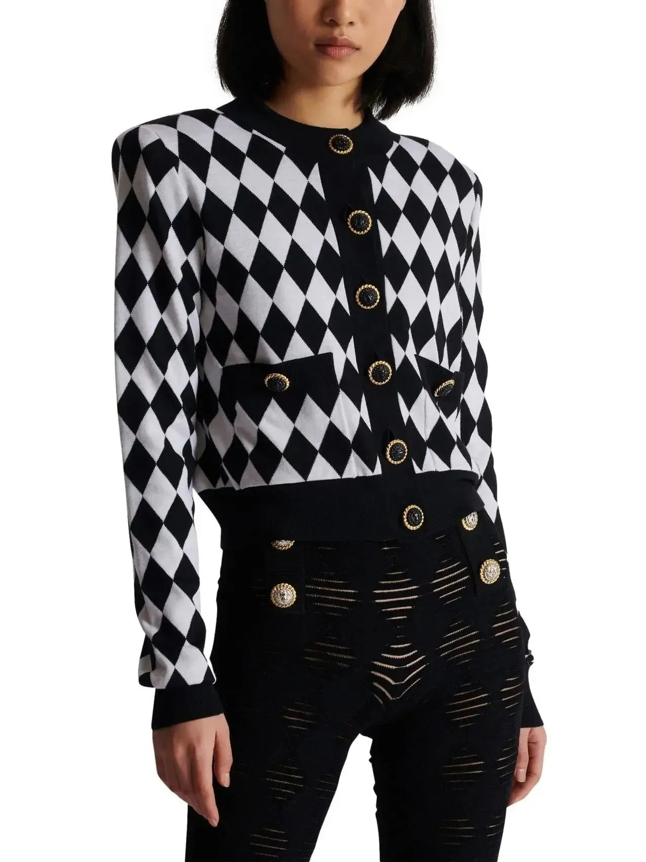 Black and White Diamond Knit Cardigan Sweater