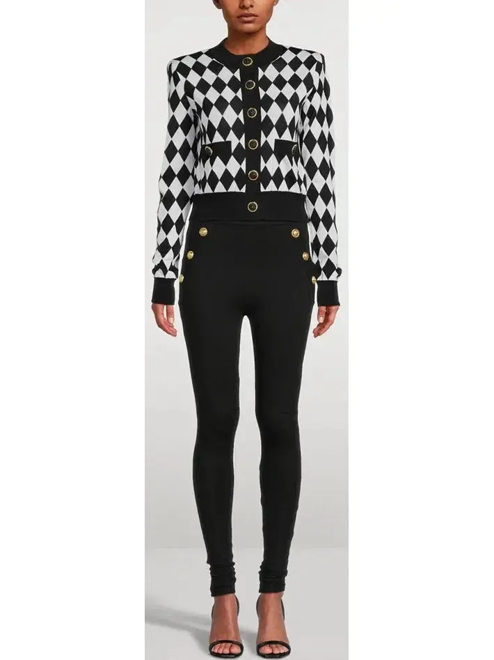 Black and White Diamond Knit Cardigan Sweater