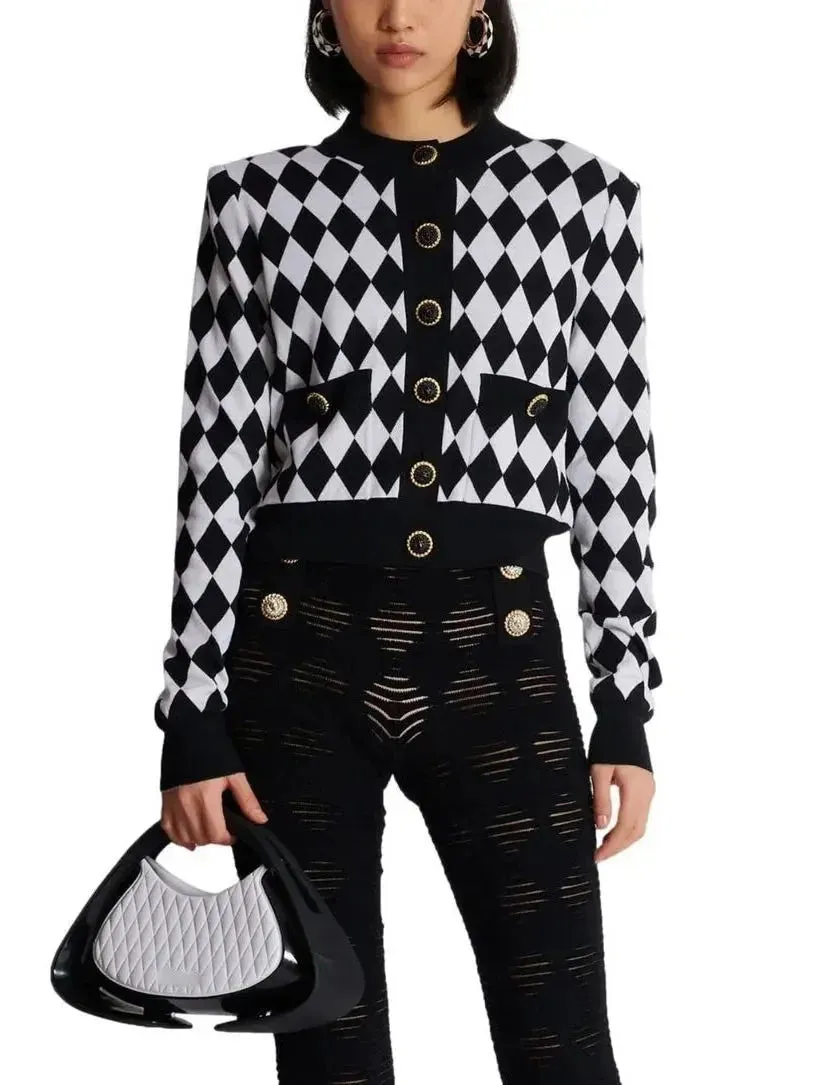 Black and White Diamond Knit Cardigan Sweater