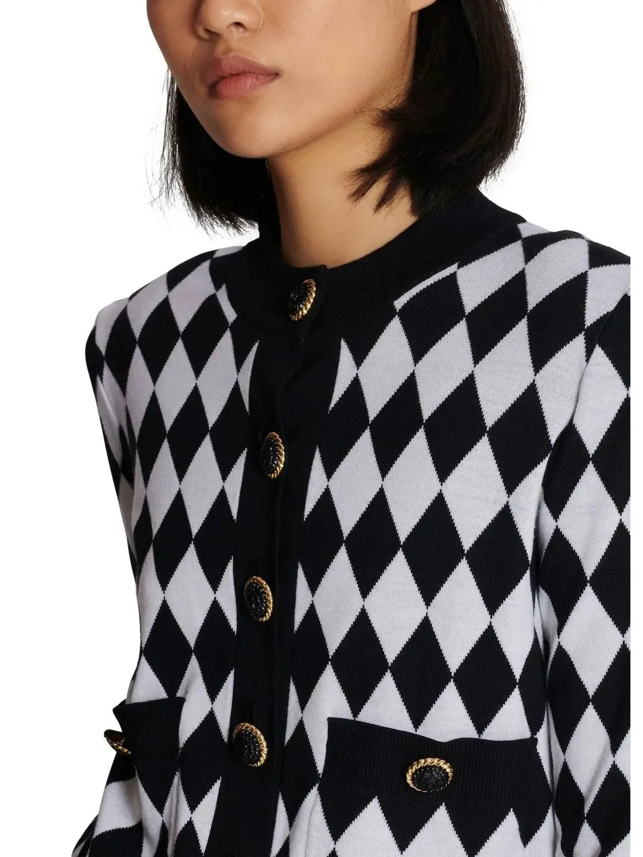 Black and White Diamond Knit Cardigan Sweater