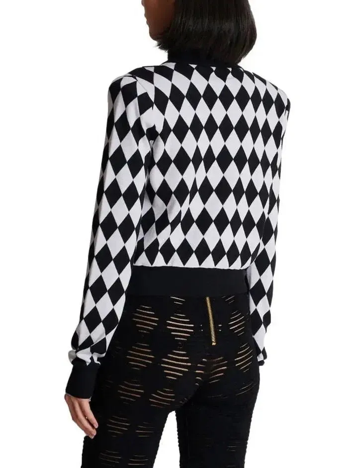 Black and White Diamond Knit Cardigan Sweater