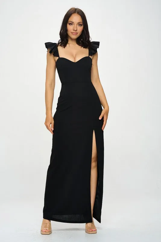 Black Ruffle Strap Dress With Leg Slit