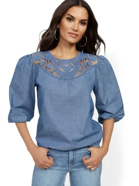 Blue Crochet-Inset Blouse