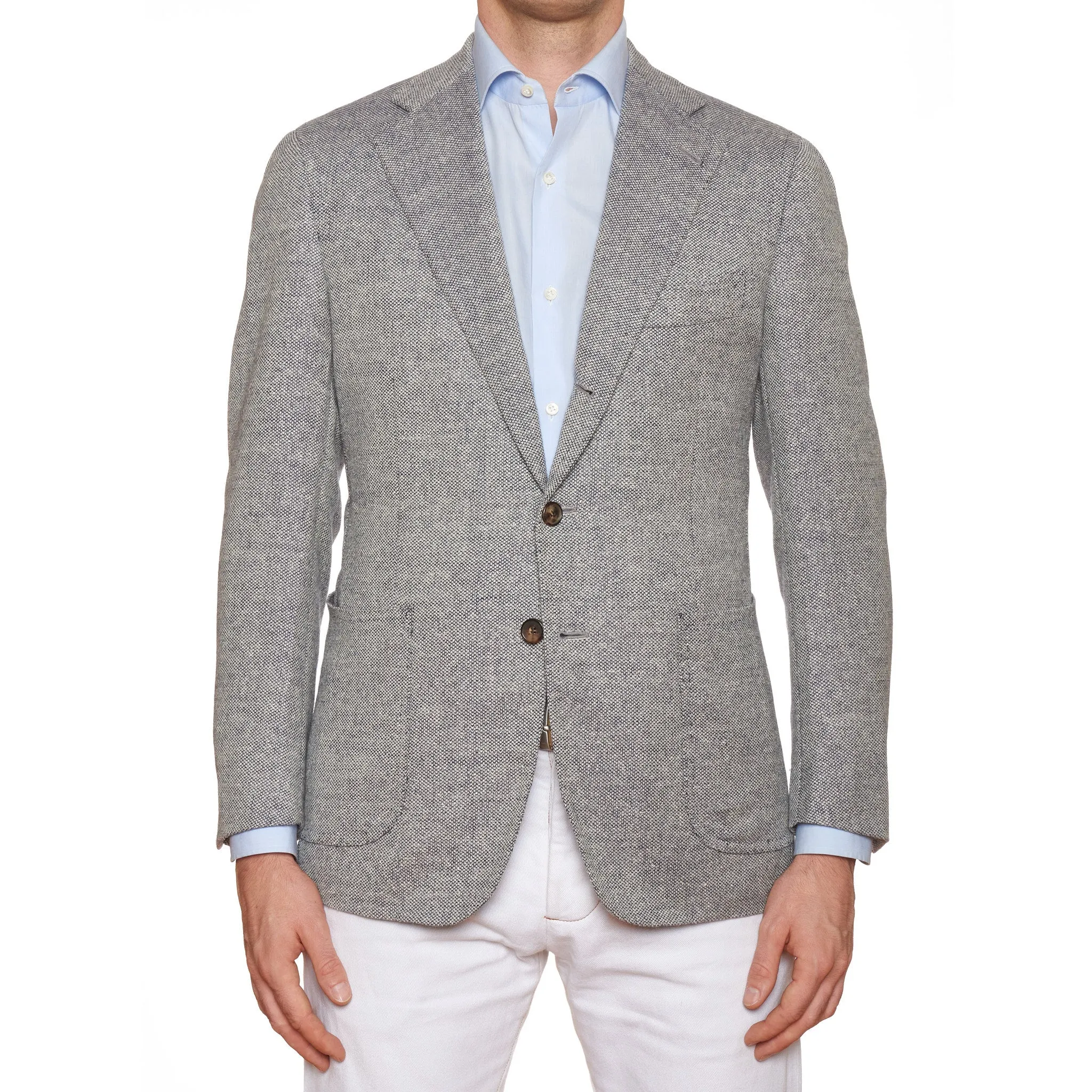 CESARE ATTOLINI Handmade Light Blue Birdseye Wool-Silk Jacket EU 50 US 40