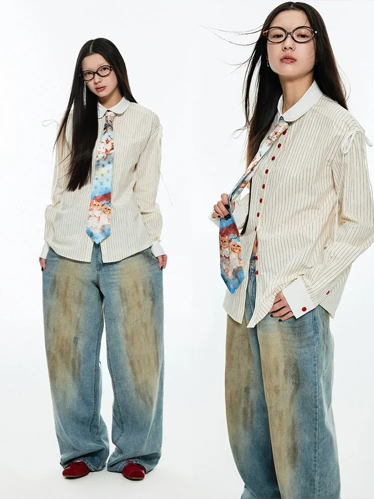 Chic Striped Collar Shirt & Skirt Set