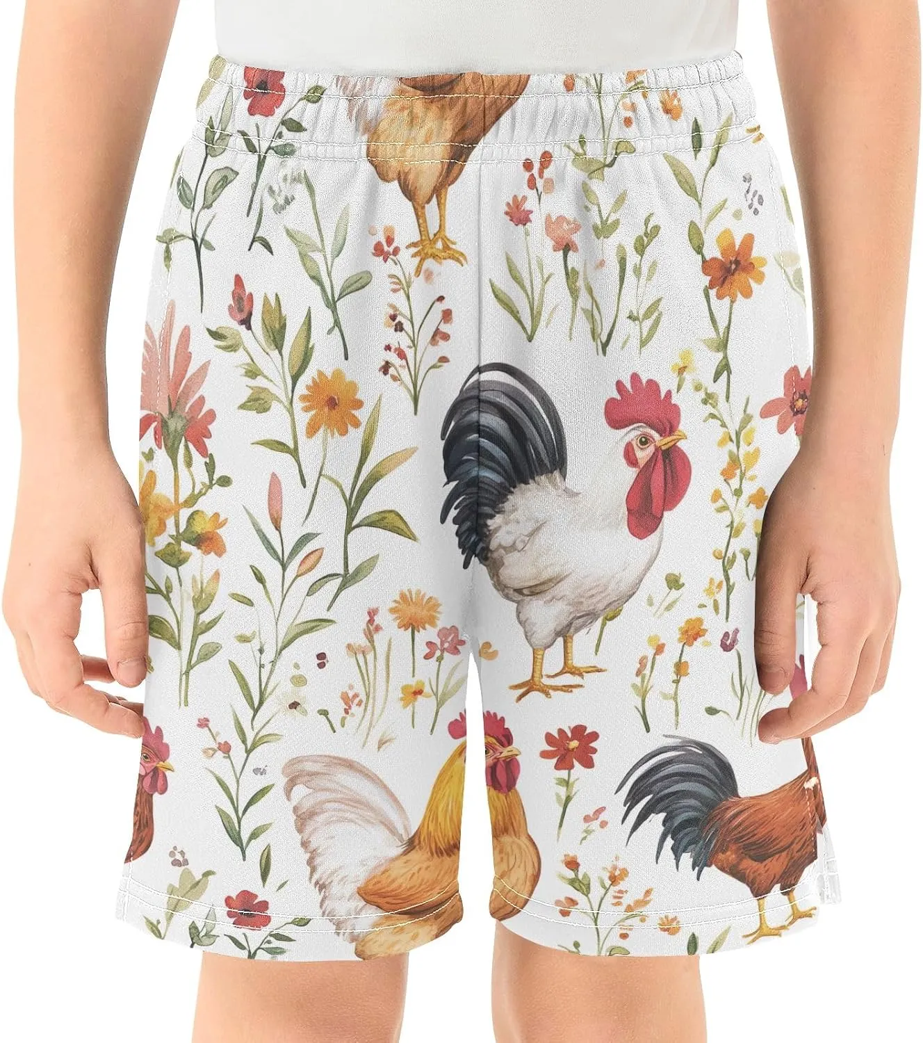 CHIFIGNO Colorful Roosters Cute Flowers Boys Casual Shorts Sweat Athletic Shorts Elastic Waist with Pockets Homewear 7-15Y