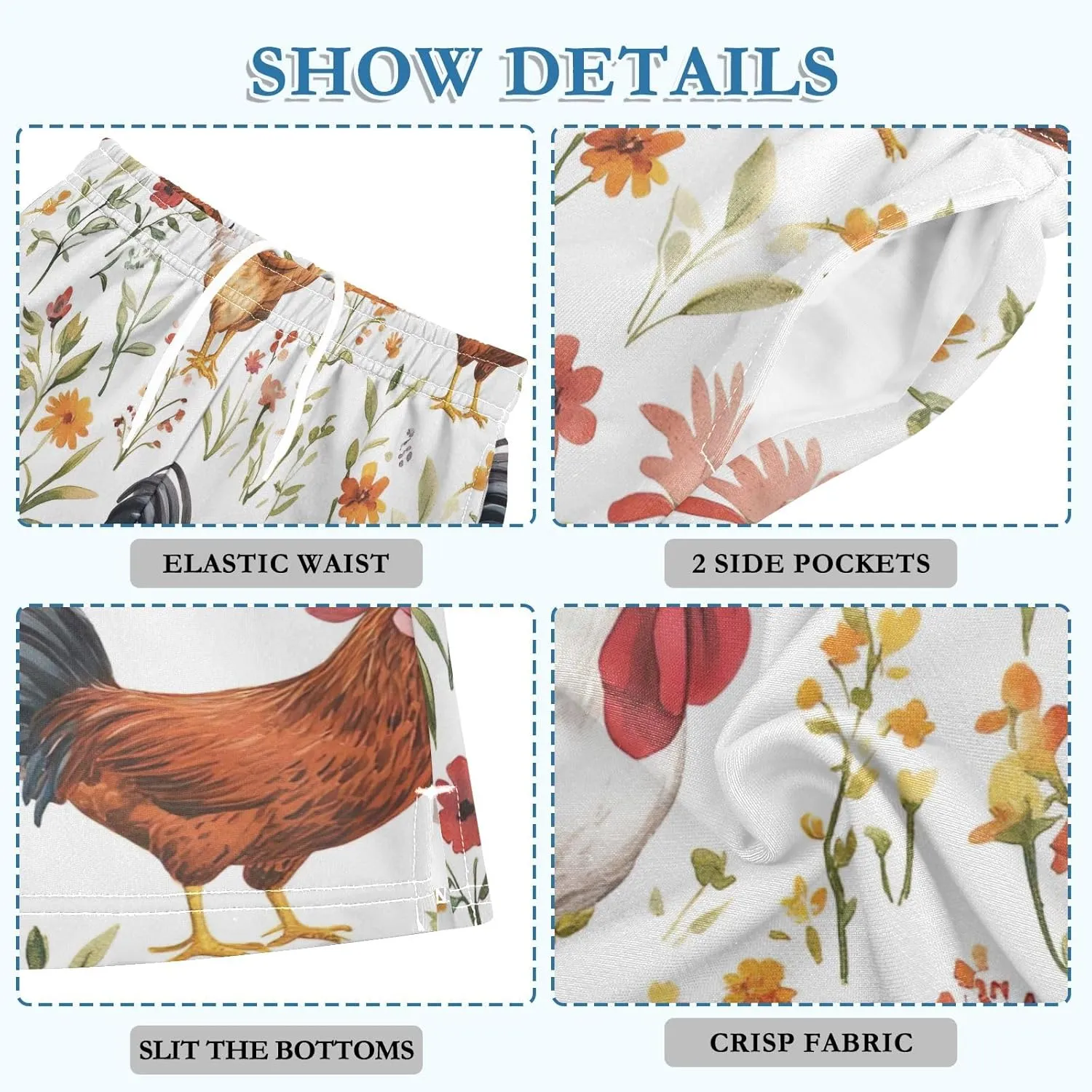 CHIFIGNO Colorful Roosters Cute Flowers Boys Casual Shorts Sweat Athletic Shorts Elastic Waist with Pockets Homewear 7-15Y