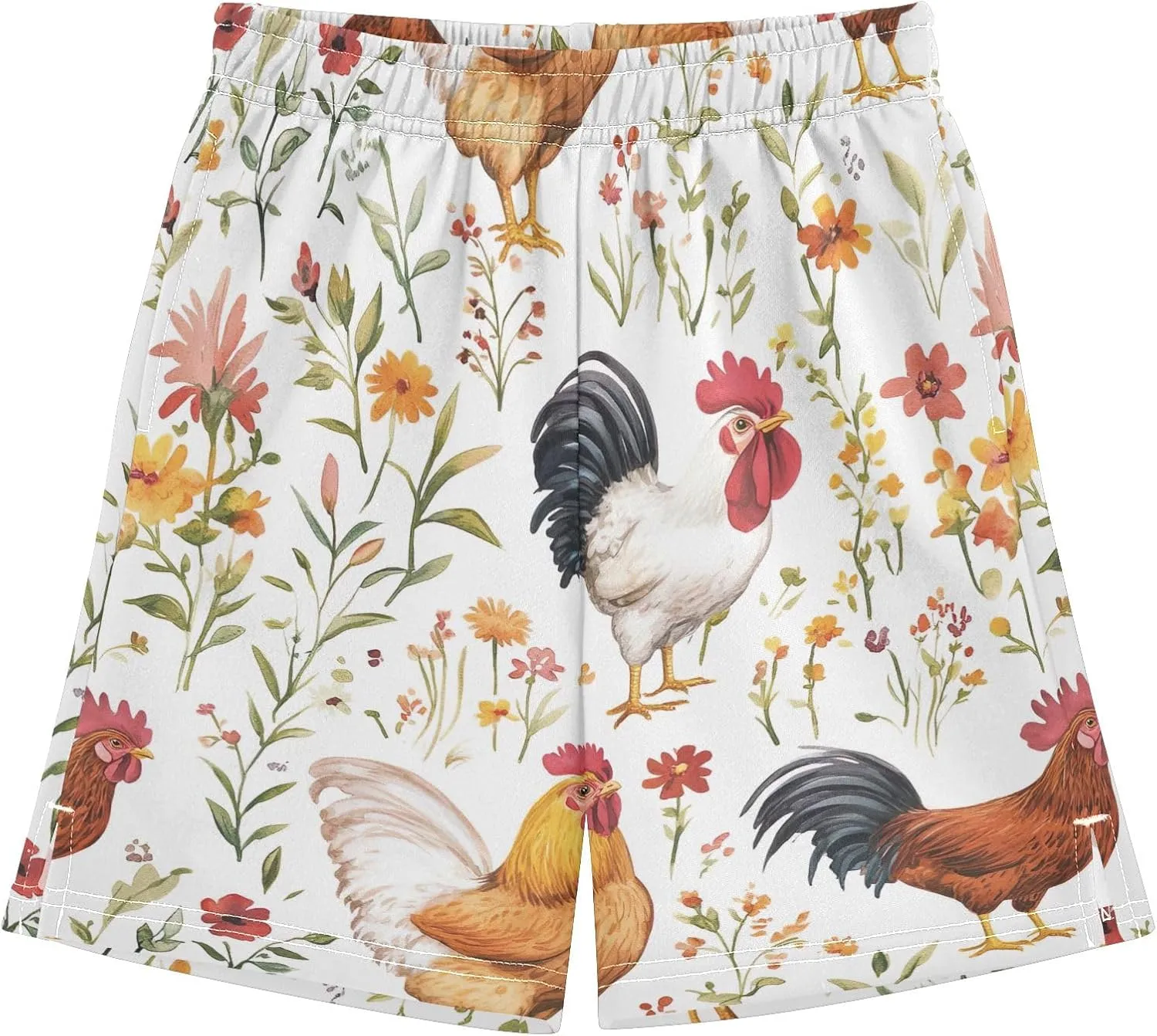 CHIFIGNO Colorful Roosters Cute Flowers Boys Casual Shorts Sweat Athletic Shorts Elastic Waist with Pockets Homewear 7-15Y