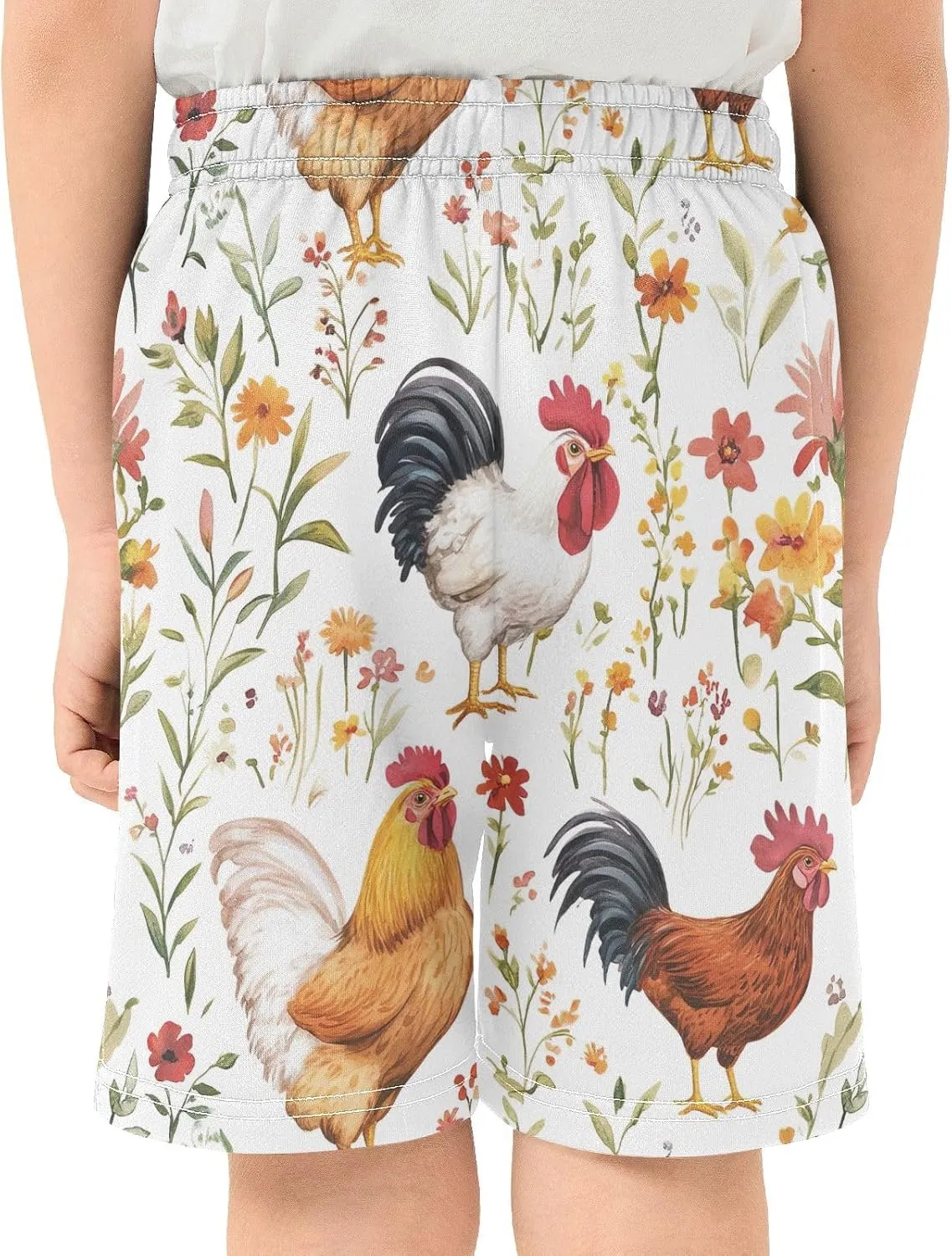 CHIFIGNO Colorful Roosters Cute Flowers Boys Casual Shorts Sweat Athletic Shorts Elastic Waist with Pockets Homewear 7-15Y