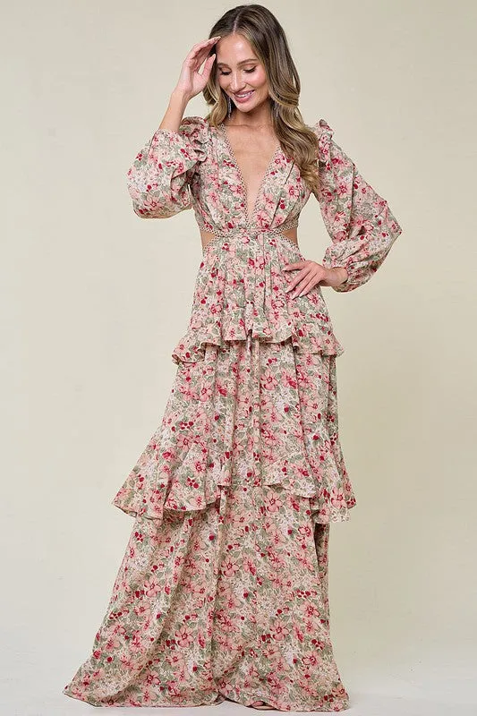 Cream Ladies Long Sleeve Ruffle Detail Maxi Dress