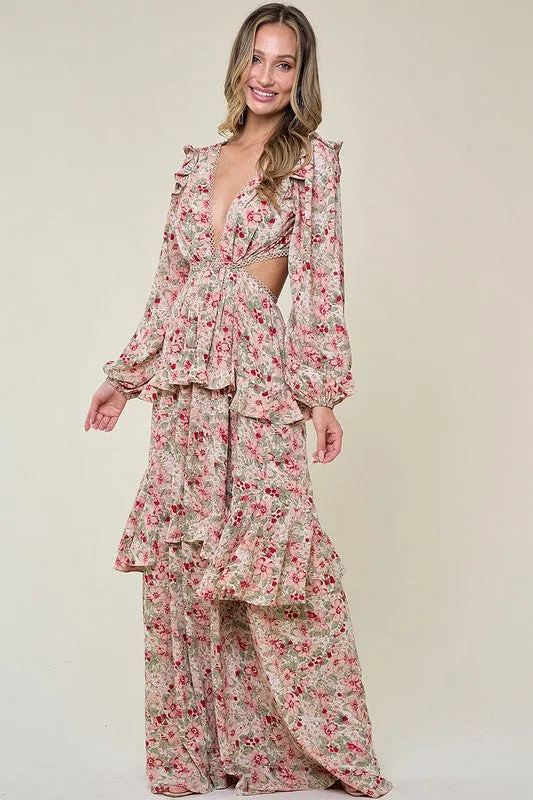 Cream Ladies Long Sleeve Ruffle Detail Maxi Dress