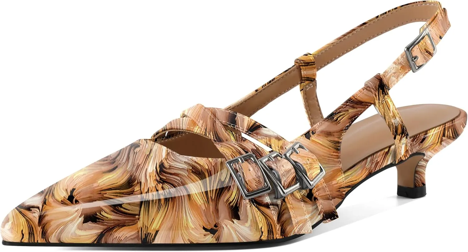 Eldof Women's Slingback Kitten Heels Buckle Strap Pointed Closed Toe Slip On Low Heel Pumps Shoes Dress 1.5 Inches
