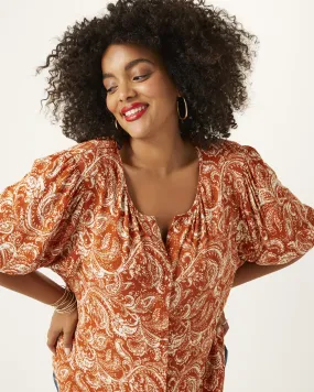 Eliza Button-Down Peasant Blouse | Orange / White