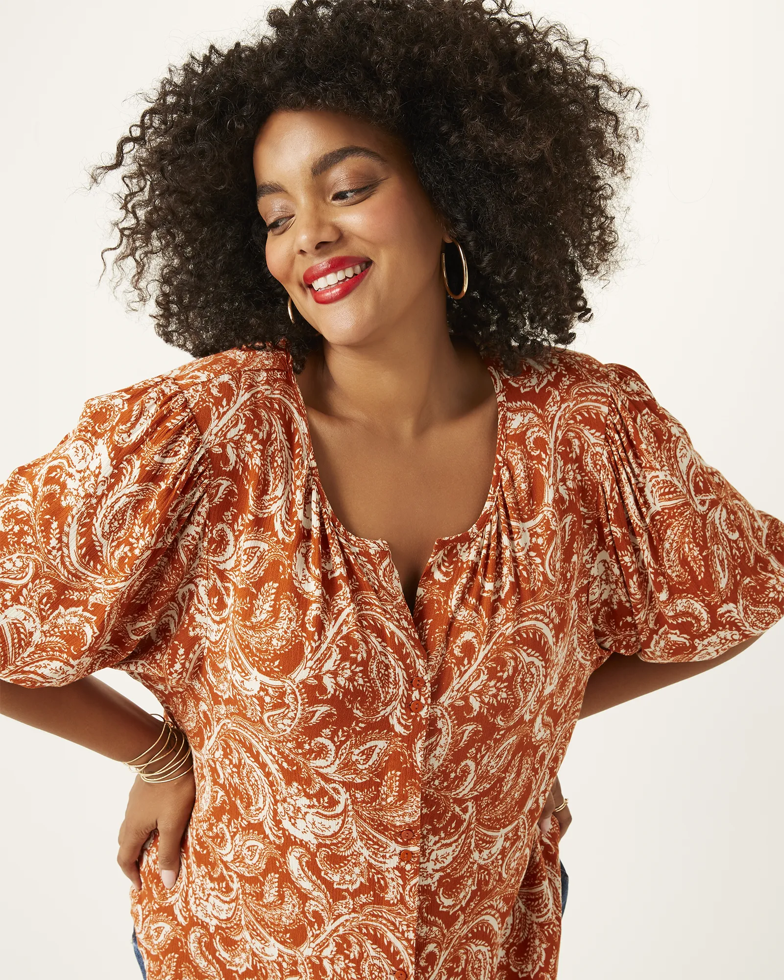 Eliza Button-Down Peasant Blouse | Orange / White