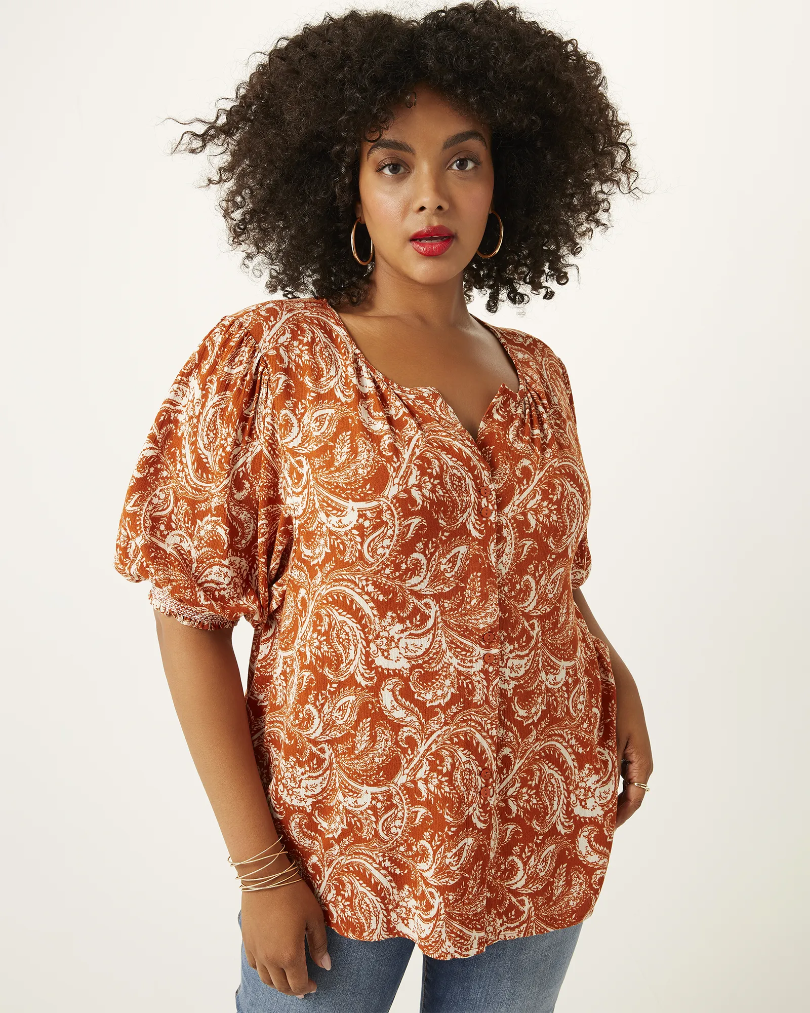Eliza Button-Down Peasant Blouse | Orange / White