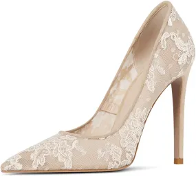FSJ Women Elegant Pointed Toe High Heel Pumps Floral Lace Mesh Slip On Rhinestones Stiletto Bridal Wedding Banquet Party Shoes Size 4-15 US