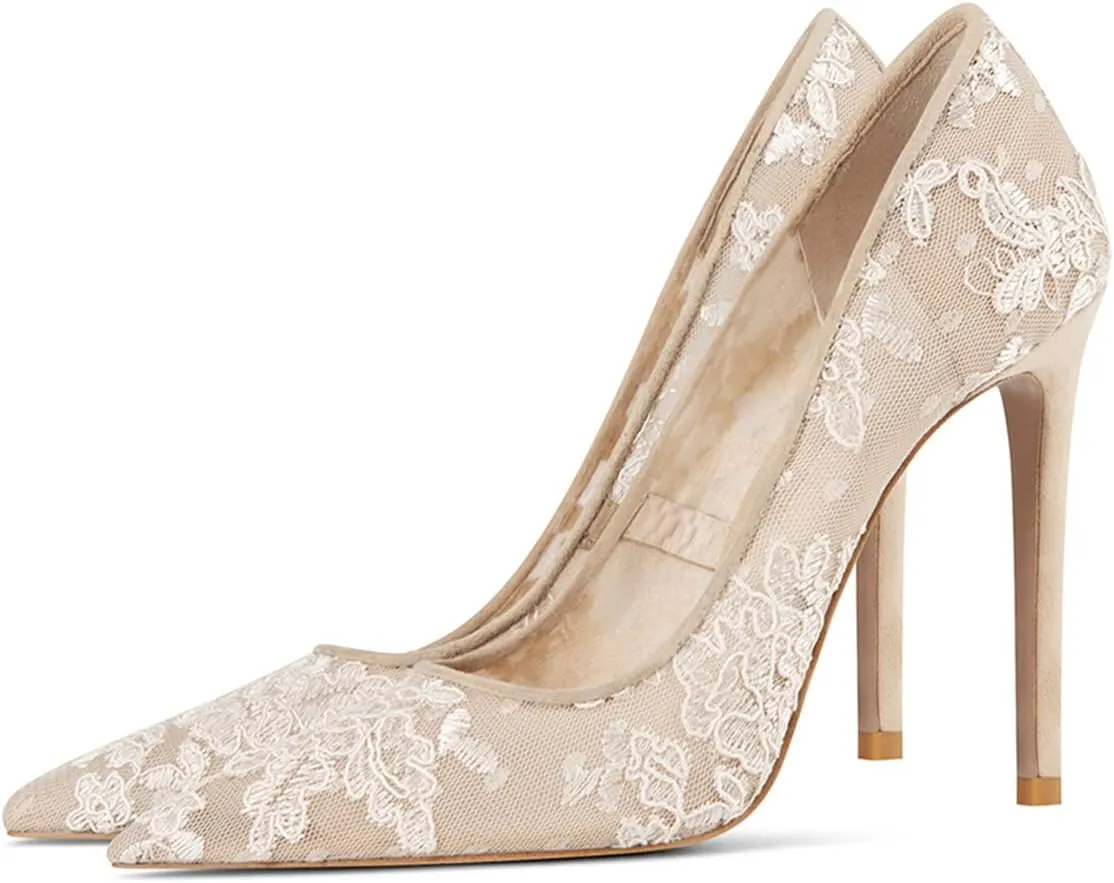FSJ Women Elegant Pointed Toe High Heel Pumps Floral Lace Mesh Slip On Rhinestones Stiletto Bridal Wedding Banquet Party Shoes Size 4-15 US