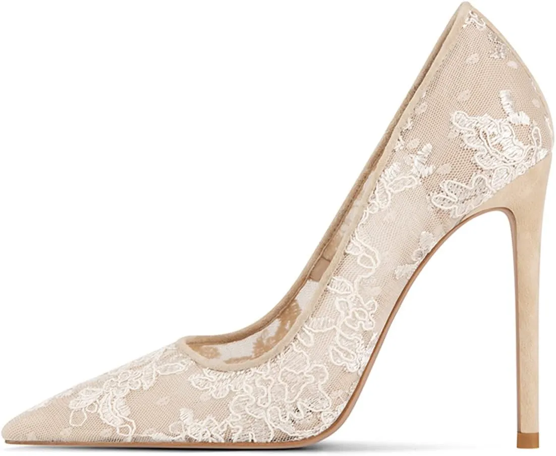 FSJ Women Elegant Pointed Toe High Heel Pumps Floral Lace Mesh Slip On Rhinestones Stiletto Bridal Wedding Banquet Party Shoes Size 4-15 US