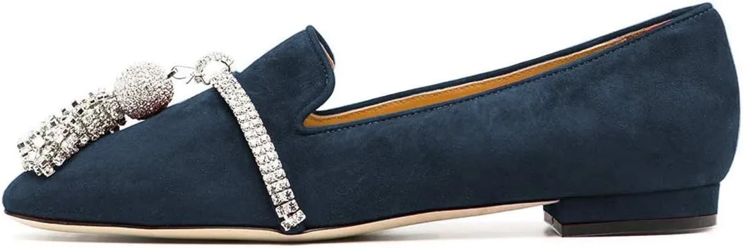 FSJ Women Trendy Round Toe Loafers Fringed Rhinestones Decor Flats Comfort Walking Ballet Shoes Size 4-15 US