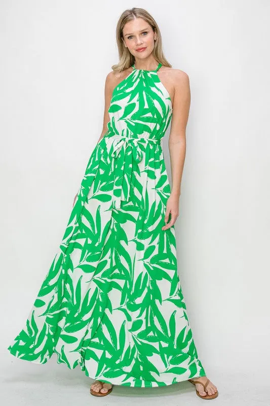 Green Leafy Halter Neck Tie Waist Maxi Dress