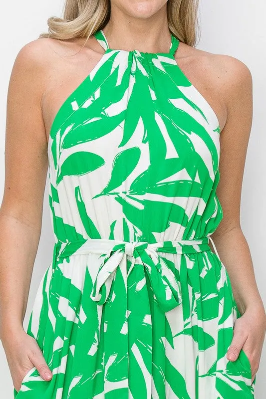 Green Leafy Halter Neck Tie Waist Maxi Dress