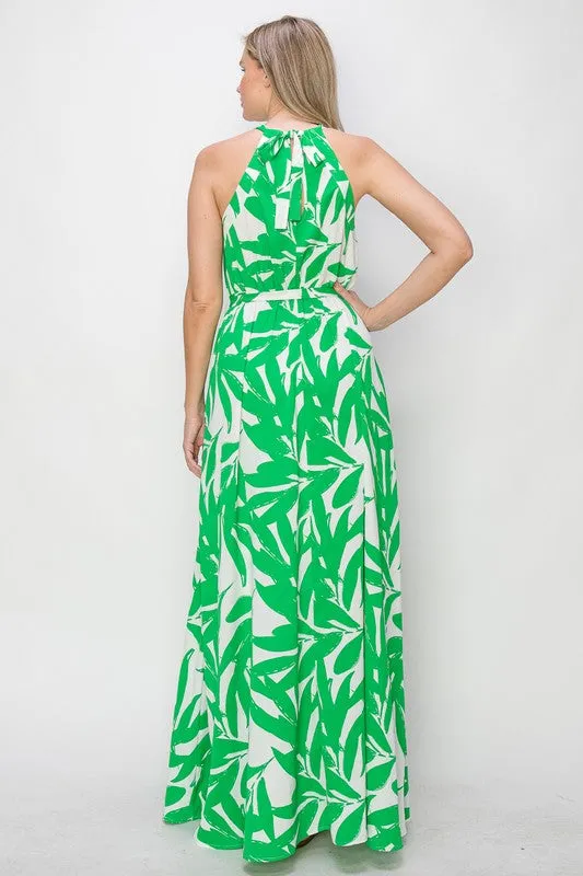 Green Leafy Halter Neck Tie Waist Maxi Dress