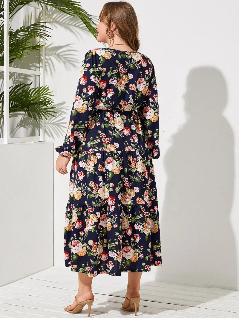 Plus Size Round Neck Floral Print Long Sleeves Dress