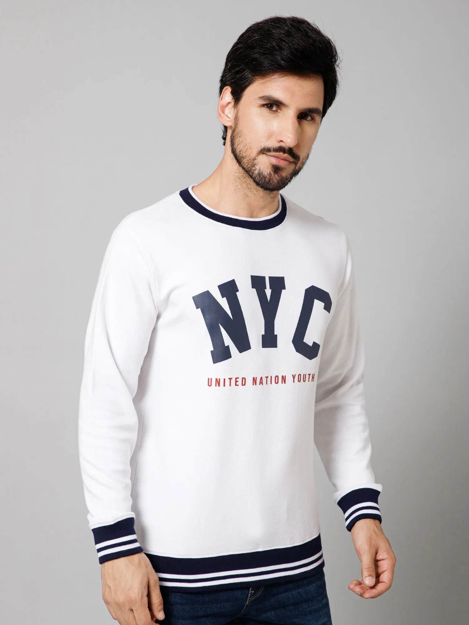 Printed White Full Sleeves Round Neck Regular Fit Casual Sweatshirt For Mens