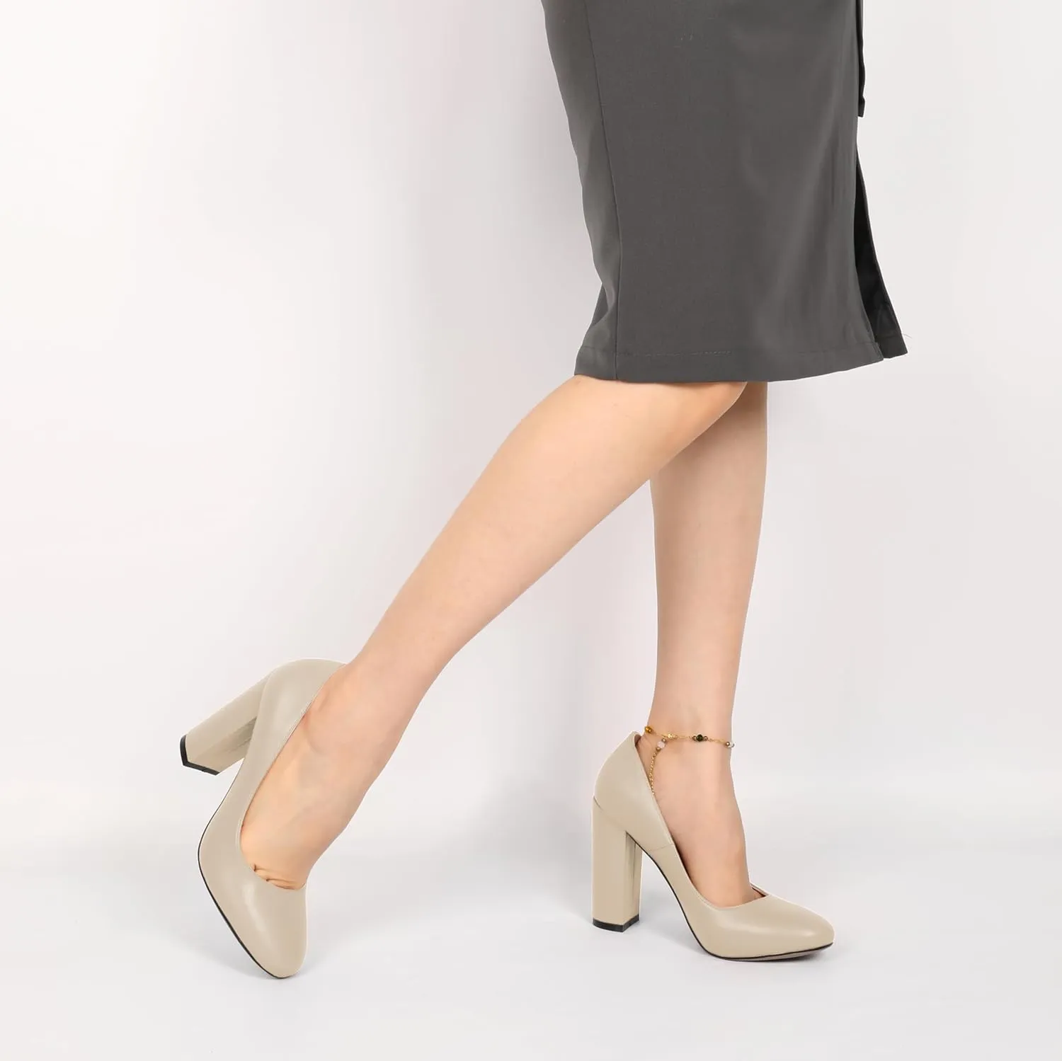 SAMMITOP Women's Round Toe Block Heel Pumps Slip On Chunky High Heels Classic Dress Shoes for Wedding Party Events 4''