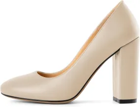 SAMMITOP Women's Round Toe Block Heel Pumps Slip On Chunky High Heels Classic Dress Shoes for Wedding Party Events 4''