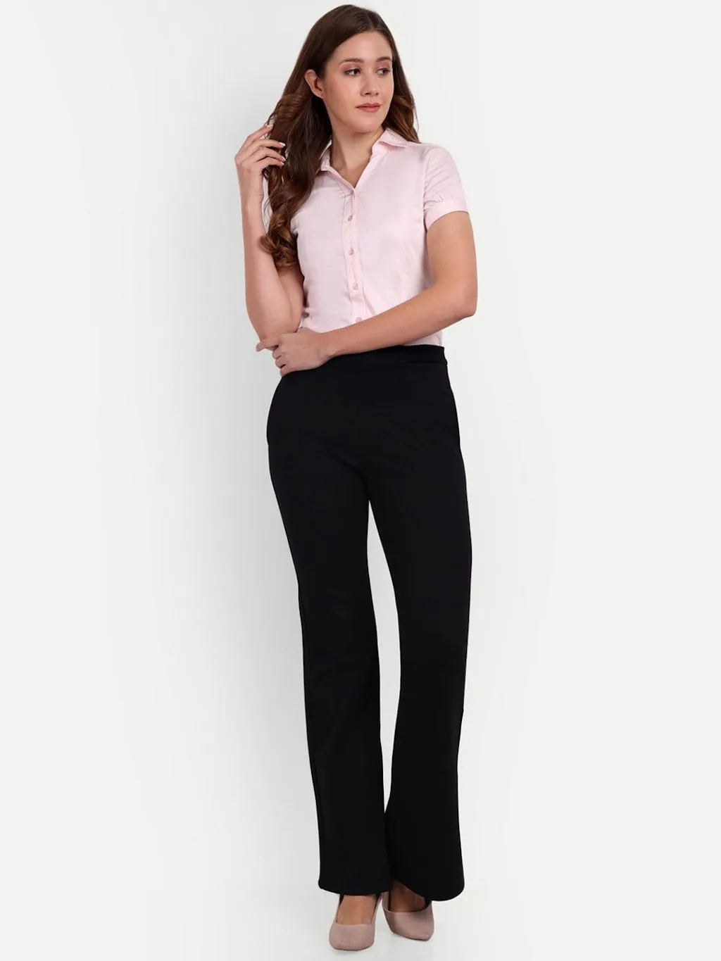 Solid Bootcut Cotton Lycra Trouser Women (Size-M) (Color-BLACK)