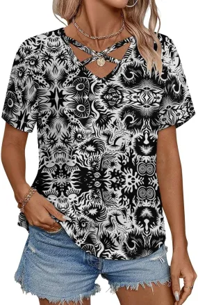 Summer Tops for Women Cute Cartoon Pattern T Shirts V Neck Short Sleeve Pullover Cute Basic Fit