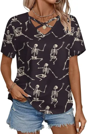 Summer Tops for Women Cute Cartoon Pattern T Shirts V Neck Short Sleeve Pullover Cute Basic Fit