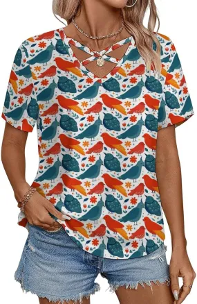 Summer Tops for Women Cute Cartoon Pattern T Shirts V Neck Short Sleeve Pullover Cute Basic Fit