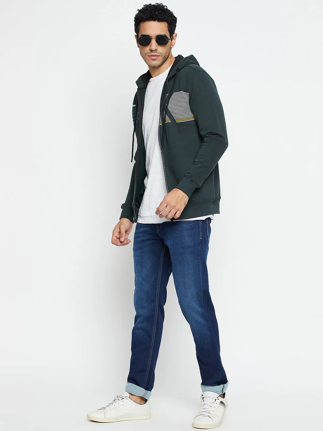 Typography Printed Green Full Sleeves Hooded Neck Regular Fit Casual Sweatshirt for Men