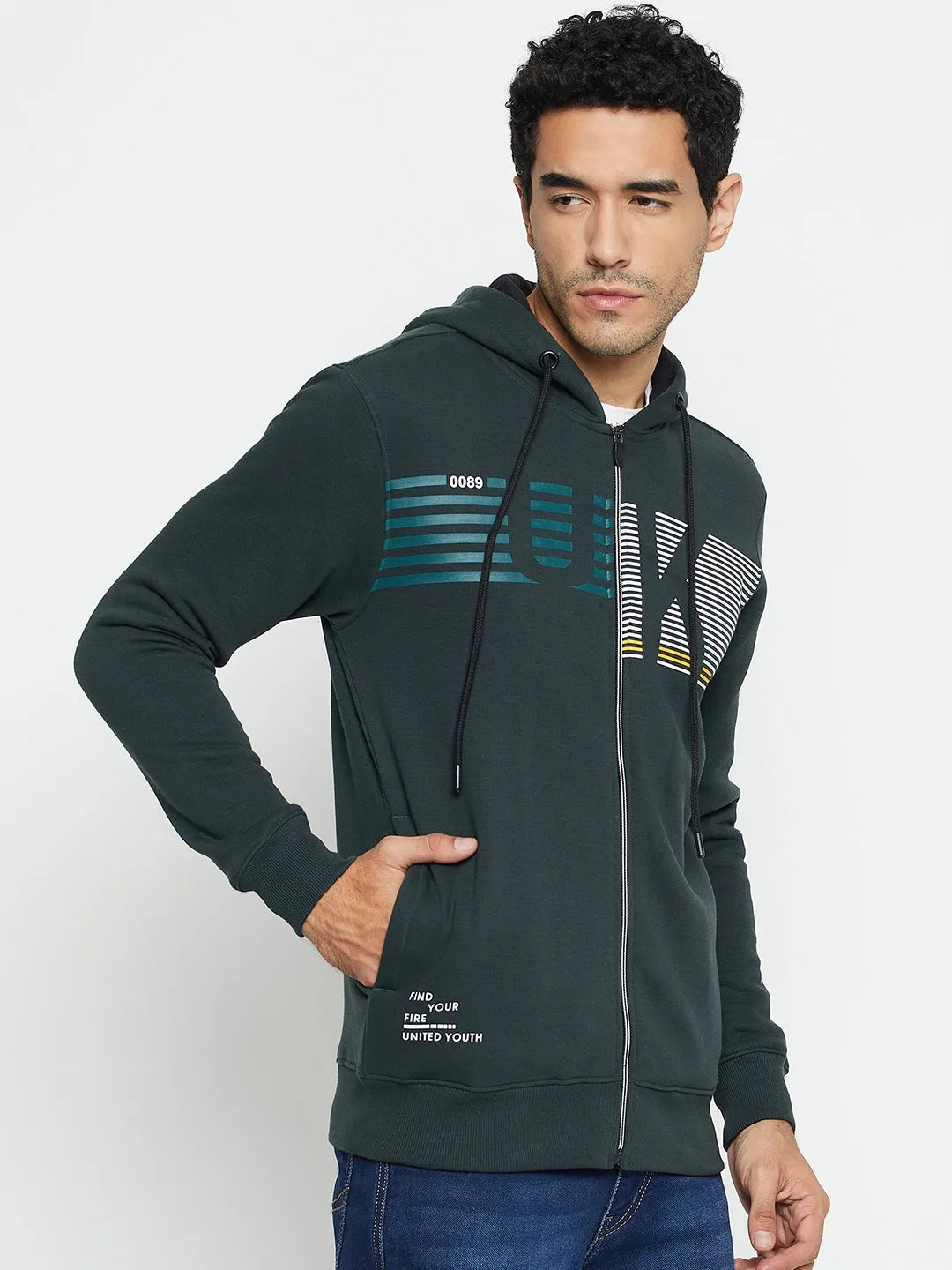 Typography Printed Green Full Sleeves Hooded Neck Regular Fit Casual Sweatshirt for Men