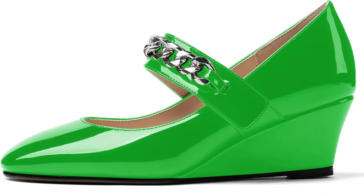 WAYDERNS Women's Slip-on Patent Lace Up Metal Chain Square Toe Mary Jane Wedge Low Heel Pumps Shoes 2 Inch