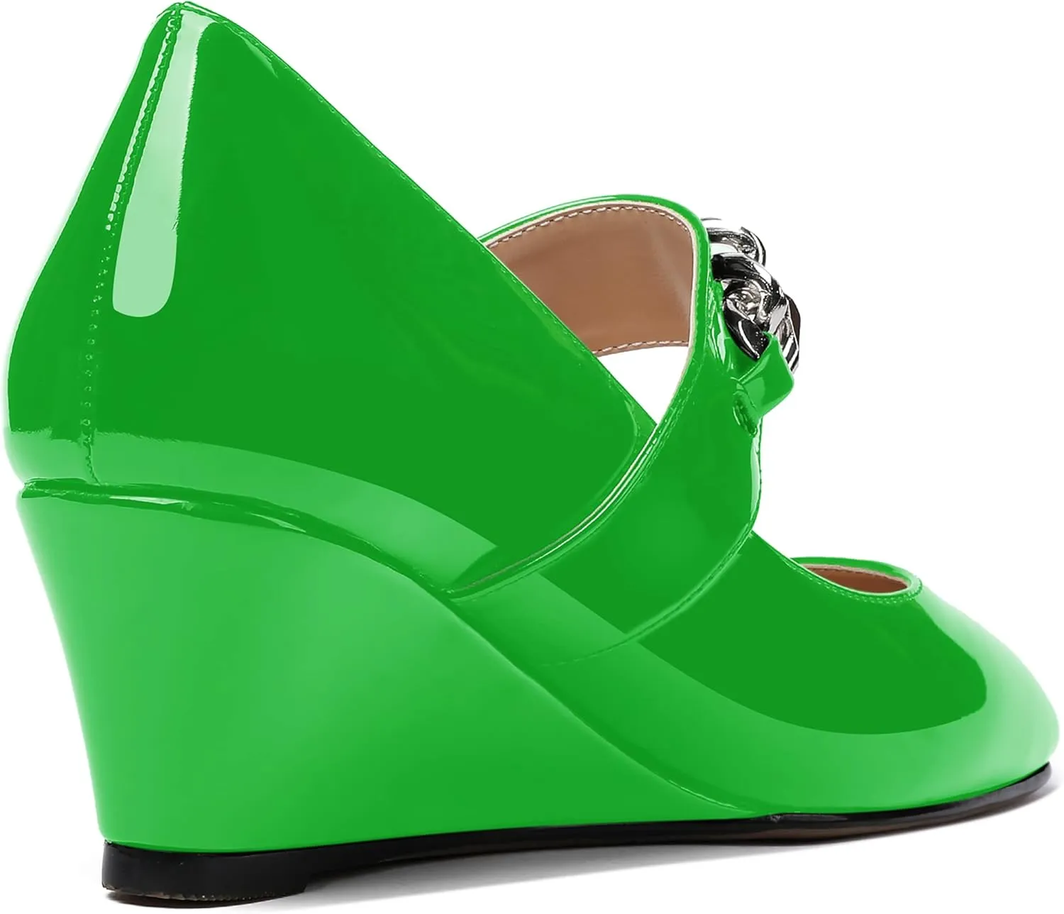 WAYDERNS Women's Slip-on Patent Lace Up Metal Chain Square Toe Mary Jane Wedge Low Heel Pumps Shoes 2 Inch