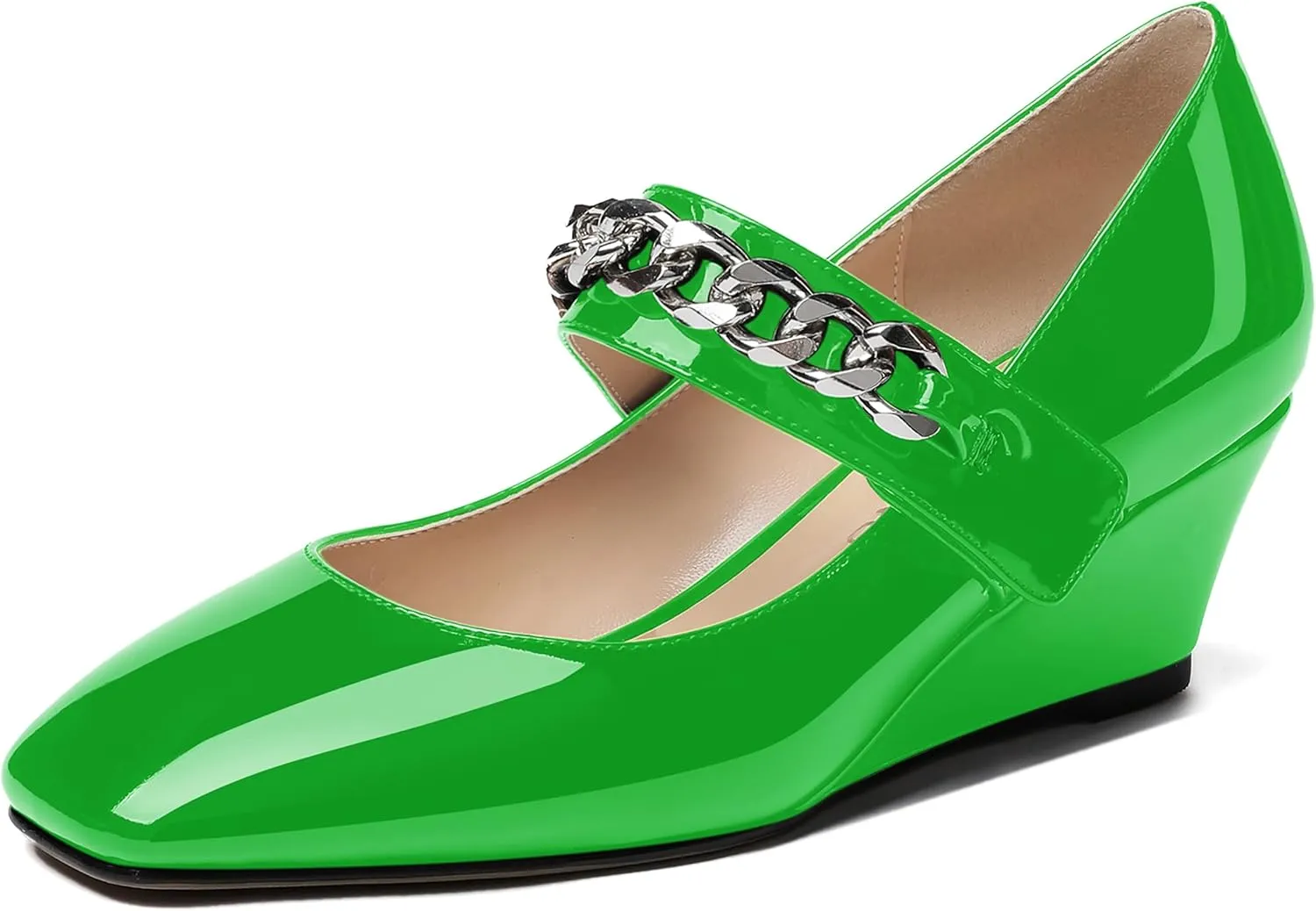 WAYDERNS Women's Slip-on Patent Lace Up Metal Chain Square Toe Mary Jane Wedge Low Heel Pumps Shoes 2 Inch