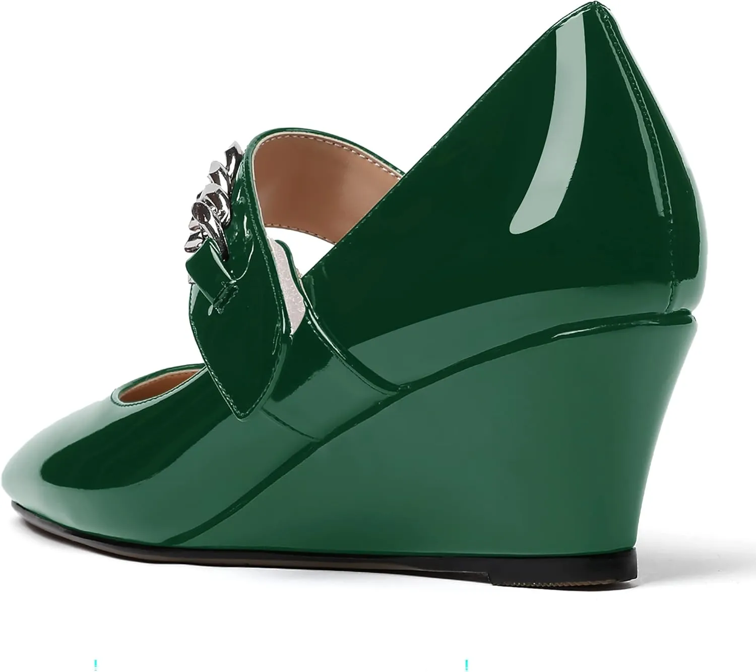 WAYDERNS Women's Slip-on Patent Lace Up Metal Chain Square Toe Mary Jane Wedge Low Heel Pumps Shoes 2 Inch